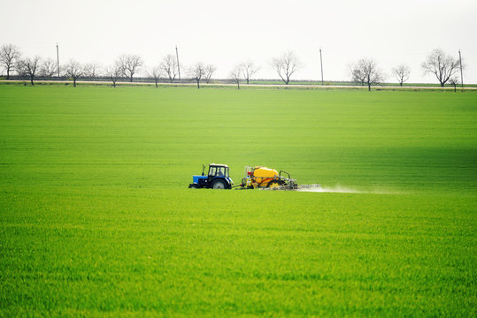 Green Fields In Spring. Tractor Performs Spring Field Work.