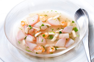 soup with radishes and prawns