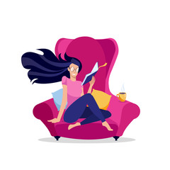 Girl in glasses reading a book in pink armchair with cup of tea. Stylized female character: young woman at home.Intellectual hobby of attractive reader. Isolated flat cartoon vector illustration