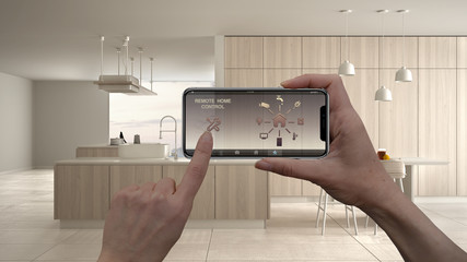 Remote home control system on a digital smart phone tablet. Device with app icons. Interior of...
