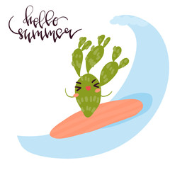 Hand drawn vector illustration of happy cartoon cute cactus doing surfing made in minimal flat style isolated on white with handwritten lettering element Hello Summer.