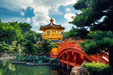 Foto op Plexiglas Front view the Golden pavilion temple with red bridge in Nan Lian garden, Hong Kong. Asia. © ake1150