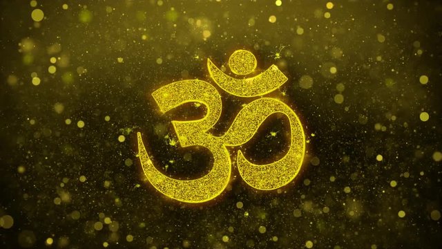 Om or Aum Shiva Symbol Element Sign Greetings card Abstract Blinking Golden Sparkles Glitter Firework Particle Looped Background.
