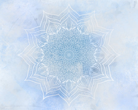Frosty mandala mystic abstract background in light blue color.