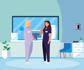 female medicine workers in hospital reception
