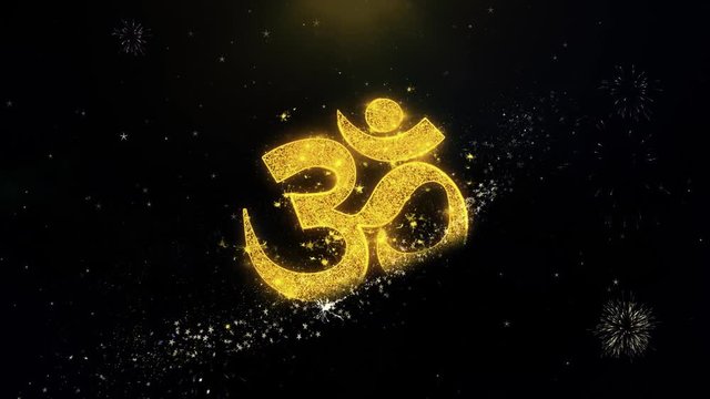 Om or Aum Shiva Written Gold Glitter Particles Spark Exploding Fireworks Display 4K Background Symbol Element Sign