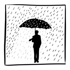silhouette businessman holding umbrella in rain vector illustration sketch doodle hand drawn isolated on white square frame background. Business concept.