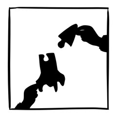 silhouette hand of businessman holding jigsaw of a jet vector illustration sketch doodle hand drawn isolated on white square frame background. Business startup concept.
