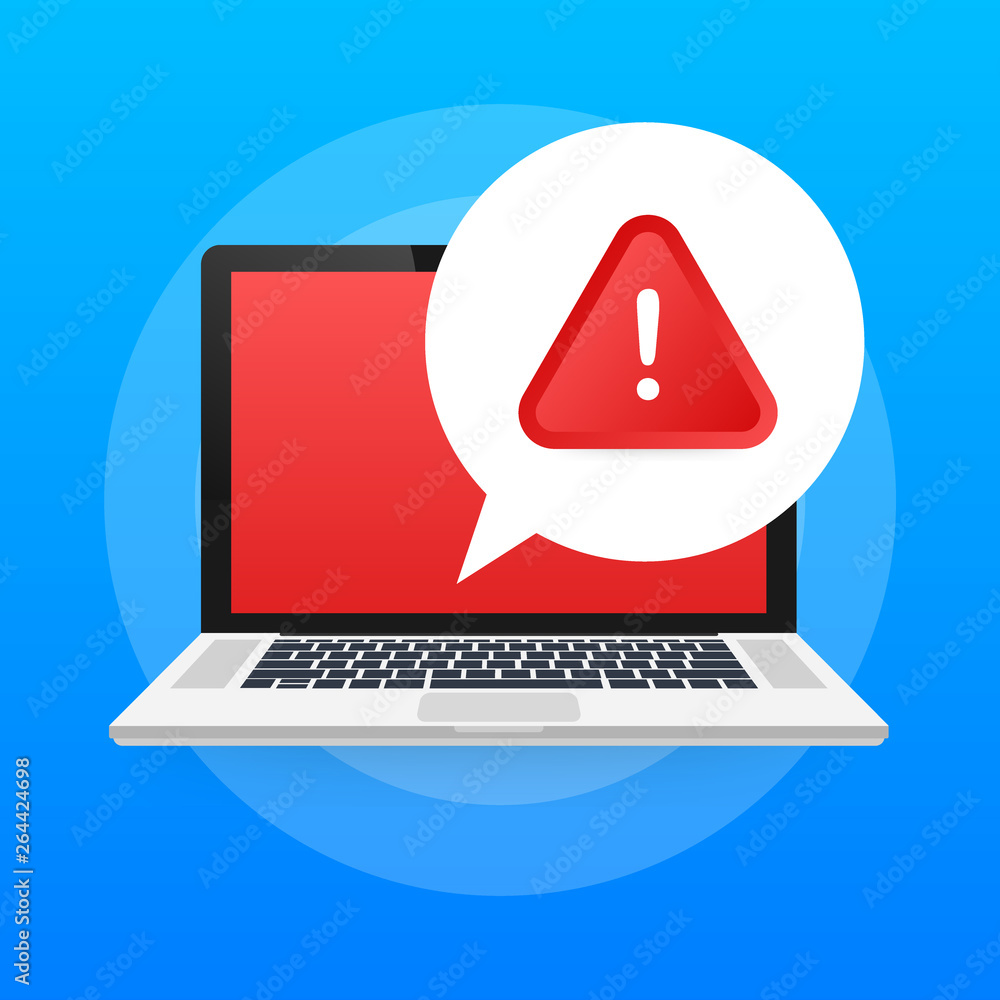 Poster alert message laptop notification. danger error alerts, laptop virus problem or insecure messaging s