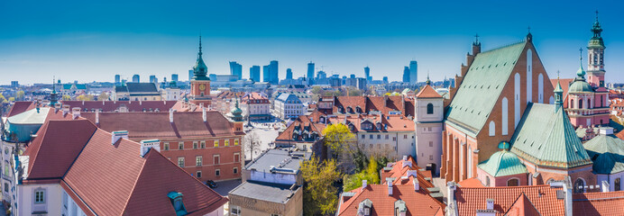 Historic cityscape panorama with high angle view of colorful architecture rooftop buildings in old...