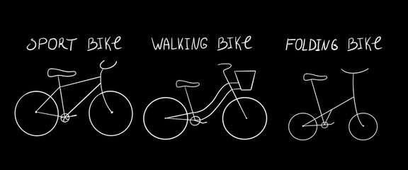 Lineart bicycle set on black background with lettering: folding bike, sport bike, walking bike with a basket.