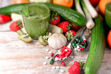 Organic fruit, vegetable, healthy drink (beverage) and nutrition supplement in proper diet, healthy...