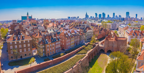 Warsaw, Poland Historic cityscape skyline roof with colorful architecture buildings in old town...