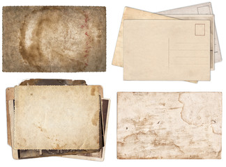 Set of various Old papers and postcards with scratches and stains texture isolated