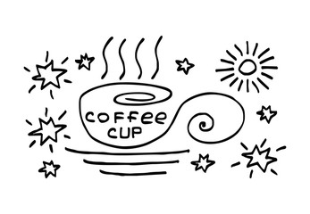 Cartoon cup, symbolic drawing with the inscription – coffee cup. Black and white drawing. Hand and manual drawing. Vector graphics art.
