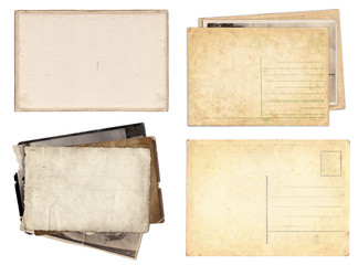 Set of various Old papers and postcards with scratches and stains texture isolated