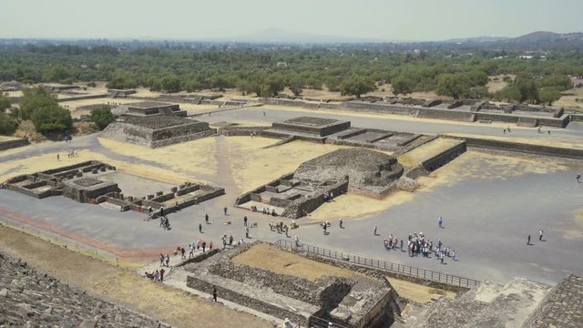 Extreme long shot from the pyramid of the sun, the ancient ruins of the Mayan city of Teotihuacan. high season tourist season. Mexico 2019 4K