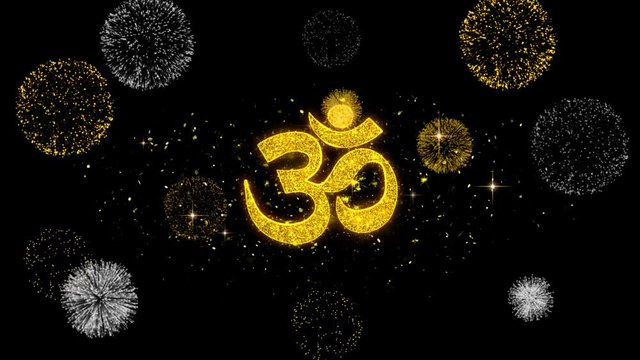 Om or Aum Shiva Symbol Element Sign Golden Greeting Text Appearance Blinking Particles with Golden Fireworks Display 4K Background