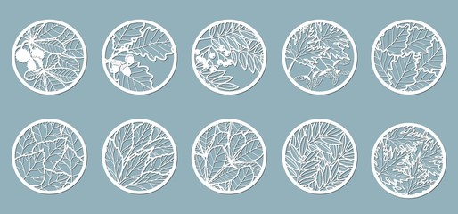 Set. Leaves, Oak, maple, Rowan, chestnut, berries, acorn, seeds, birch, ash. Templates in the form of circles. Abstract circles, balls. Vector illustration of a laser cutting. Plotter cutting  - obrazy, fototapety, plakaty