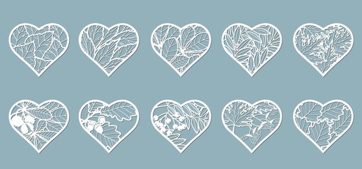 Set, stencil hearts with leaves. Template Leaves, Oak, maple, Rowan, chestnut, berries, acorn, seeds, birch, ash. Vector illustration. Sticker set. Pattern for the laser cut, plotter, screen printing.