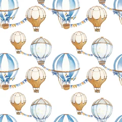 Papier peint adhésif Animaux avec ballon Motif harmonieux d& 39 aquarelle avec montgolfière et guirlandes. Texture vintage dessinée à la main avec montgolfière, bannière de drapeaux sur fond blanc.