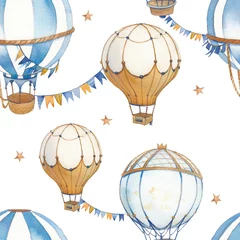 Gordijnen Aquarel feestelijke naadloze patroon. Handgeschilderd vintage behangontwerp met vlaggenslingers, sterren, heteluchtballon op witte achtergrond. Ontwerp van oppervlak voor carnaval © ldinka