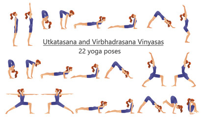 Set of vector silhouettes of woman doing yoga exercises. Icons of flexible girl stretching her body in different yoga poses. Colorful shapes of woman isolated on white background.