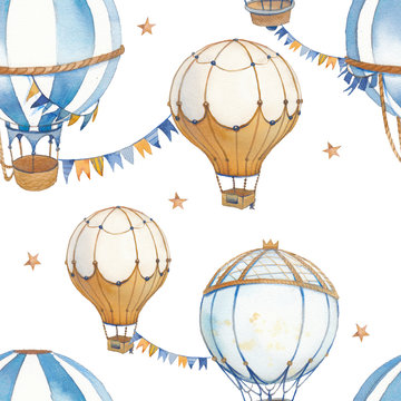 Watercolor festive seamless pattern. Hand painted vintage wallpaper design with flags garlands, stars, hot air balloon on white background. Carnival surface design