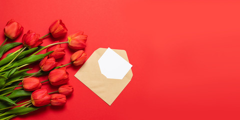 Minimalist card mockup with red tulips, flower, craft envelope