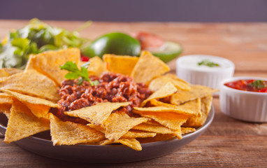 Mexican corn chips nachos with salsa dip