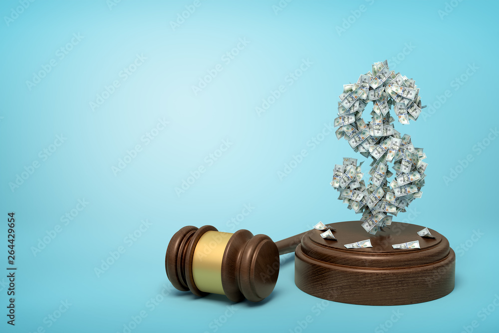 Poster 3d rendering of dollar sign formed with dollar banknotes standing on sounding block with gavel besid