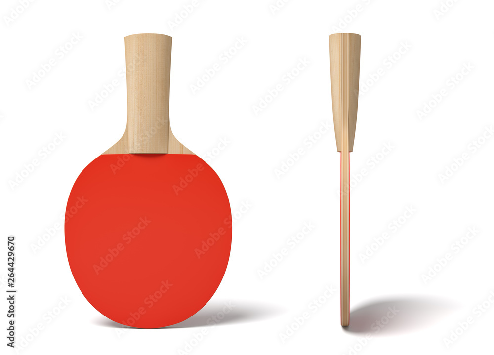 Poster 3d close-up rendering of ping pong racket with wooden handle and red rubber on white background.