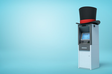 3d rendering of ATM with big black top hat with red ribbon on top on light-blue background.