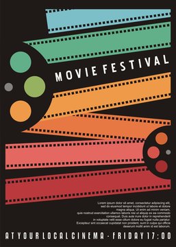 Movie Festival Poster Design. Cinema Flyer With Colorful Film Strips. Vector Image.