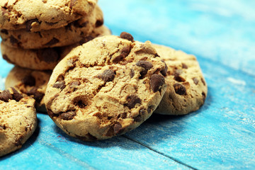 Chocolate cookies on wooden table. Chocolate chip cookies