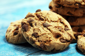 Chocolate cookies on wooden table. Chocolate chip cookies