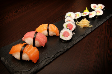 sushi, nigiri in serving stone