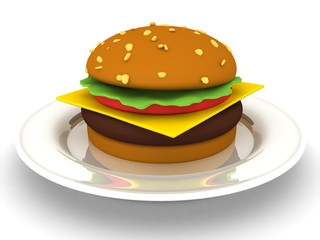 3D Rendering of hamburger on a plate