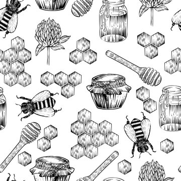 Seamless Pattern Of Honey Related Stuff, Vector, Engraving Style