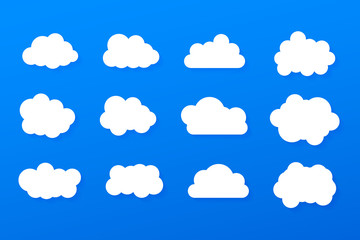 Set of blue sky, clouds. Cloud icon, cloud shape. Set of different clouds. Vector illustration.