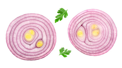 Sliced red onion isolated on white background. Top view.