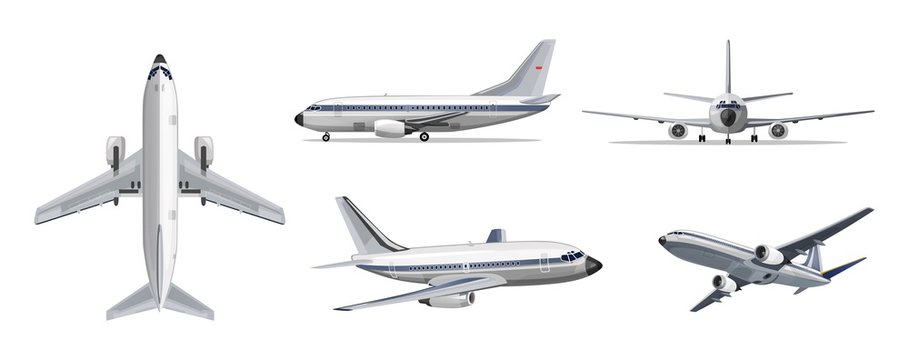 Airlines transportation concept. Vector airplane with yellow and blue stripes on white background. Airplane in top, side, front and bottom view. Vector aircraft illustration.
