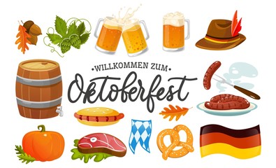 Oktoberfest food and symbols collection. Vector Oktoberfest objects and icons with lettering inscription Welcome to Oktoberfest. Beer, hat, meat, flag, hot dog, sausages, pumpkin etc. - obrazy, fototapety, plakaty