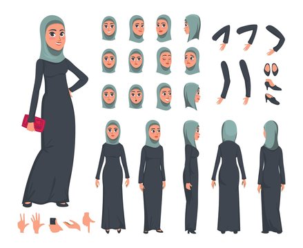 Arab Women Character Constructor Set In Flat Style. Muslim Girl DIY Set With Different Facial Expressions. Arabic Women Wearing Traditional Clothing Front, Rear, Side View. Vector Illustration.