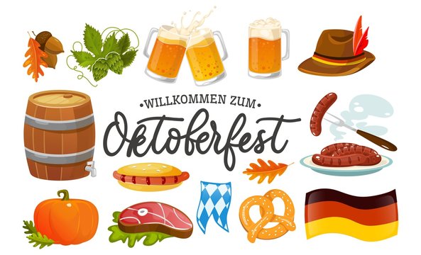 Oktoberfest food and symbols collection. Vector Oktoberfest objects and icons with lettering inscription Welcome to Oktoberfest. Beer, hat, meat, flag, hot dog, sausages, pumpkin etc.