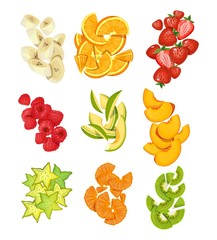 Summer fruits collection. Bananas, oranges, mango, strawberries, carambole, kiwi etc. Sliced summer fruits isolated on white background. Cartoon fruits vector illustration