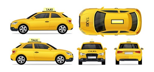 Taxi yellow car with side, front, back and top. City transport taxi icon set for mobile, web, promotions. Taxi cab isolated on white background.Hi-detailed service vehicle vector mockup template