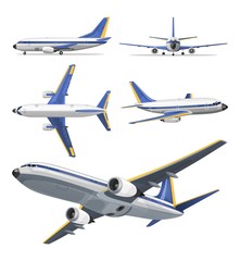 Vector airplane with yellow and blue stripes on white background. Airplane in top, side, front and bottom view. Vector aircraft illustration. © Microstocker.Pro
