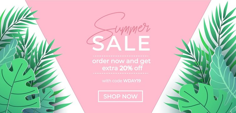 Summer sale banner in trendy style with pink and green tropical leaves for promotion of cosmetic, fashion, accessorize etc. Modern summer sale banner template. Vector illustration