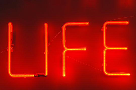 The red neon sign of LIFE on the dark wall. Decorative element. Neon sign in the coffee shop. Decorative luminous inscription on the wall. - Powered by Adobe